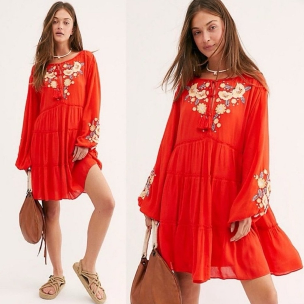 Free People Orange Red Embroidered Boho Floral Spell On You Mini Dress XS